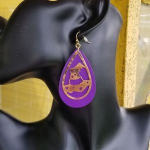 Purple Leather Teardrop Witch Hat Earrings